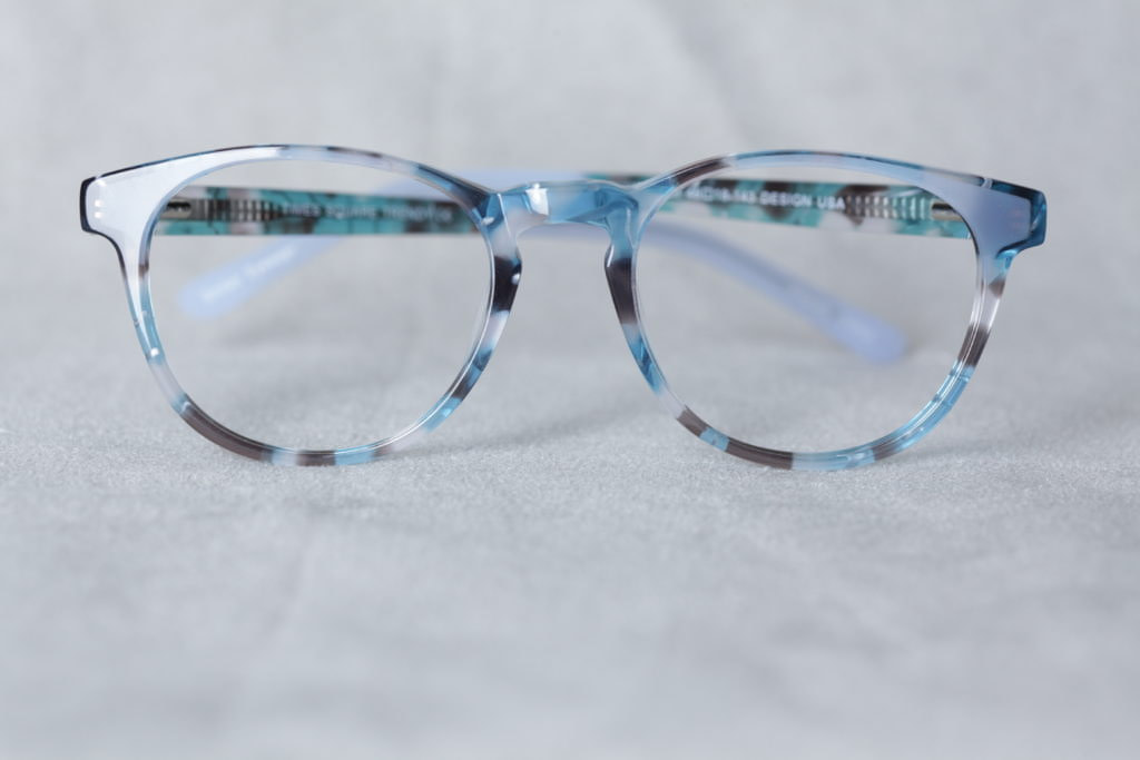 Blue and gray plastic eyeglass frame